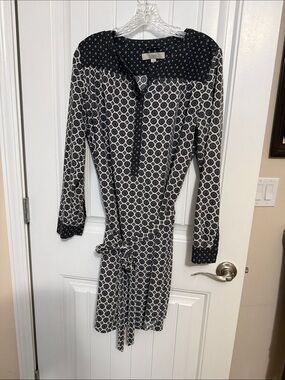 LOFT Black and White Geometric Tie-Waist Long Sleeve Dress